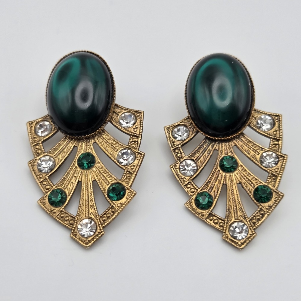 Vintage 1920s Emerald Green & Brass Tone Rhinestone Earrings Large Art Deco‎